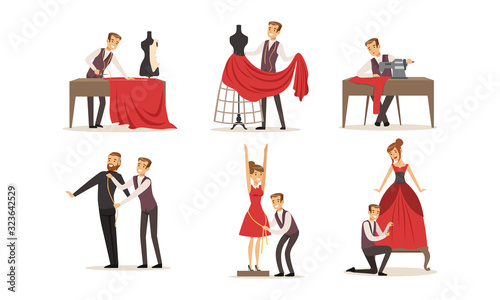 Male Clothing Designer Tailor Working at Atelier Collection  Dressmaker Taking Measurements and Sewing Clothes by Sewing Machine Vector Illustration