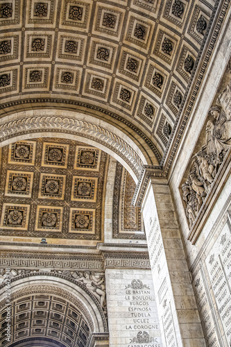 Decorative arched ceilings and walls of the famous Arc de Triomphe