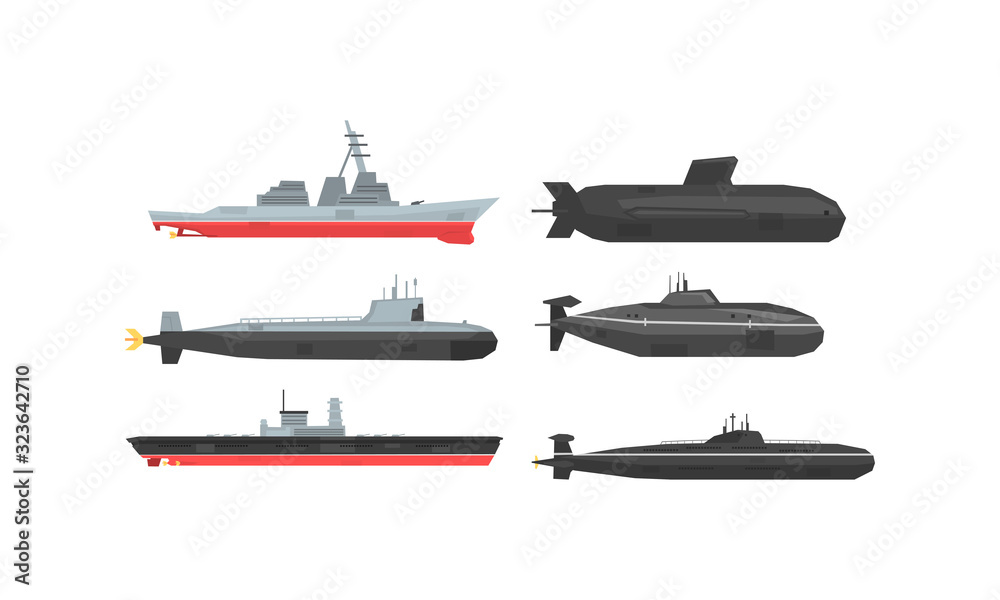 Naval Combat Ships and Submarines Collection, Military Boats, Frigates, Battleships Vector Illustration