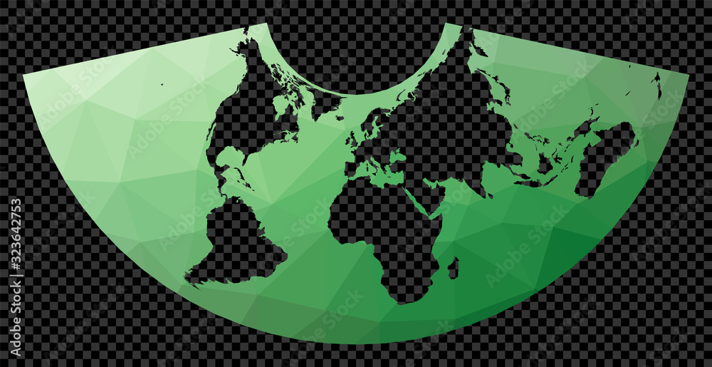 Low poly map of the world. Conic Equal Area projection. Polygonal map of the world on transparent background. Stencil shape geometric globe. Powerful vector illustration.