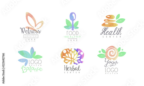 Wellness Center Logo Design Collection, Healthy Food, Yoga, Balance Watercolor Badges Vector Illustration