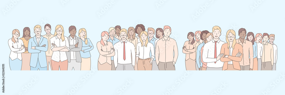 Company staff, business team set concept. Groups of businesspeople, young clerks and managers, standing together. Teamwork, collabortion of business men and women in cartoon style. Simple flat vector Company staff, business team set concept. Groups of businesspeople, young clerks and managers, standing together. Teamwork, collabortion of business men and women in cartoon style. Simple flat vector