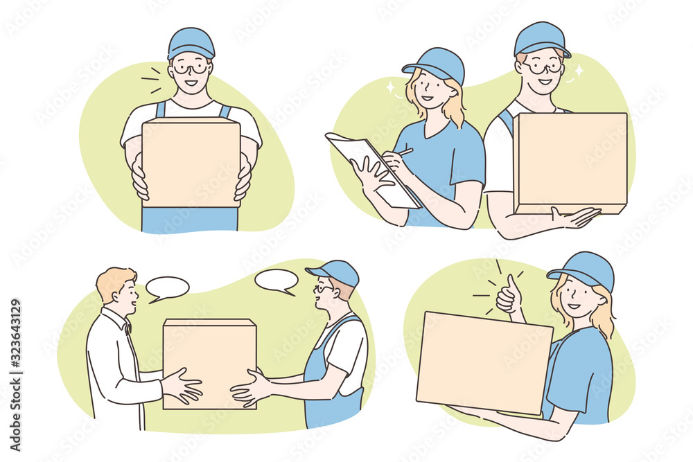 Parcel delivery set concept. Men and women, boys and girls post office workers making fast or express package delivery, courier service. Professional deliverer in global fast service in cartoon style.