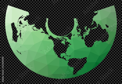 Low poly map of the world. Albers projection. Polygonal map of the world on transparent background. Stencil shape geometric globe. Artistic vector illustration. photo