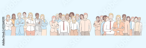 Company staff, business team set concept. Groups of businesspeople, young clerks and managers, standing together. Teamwork, collabortion of business men and women in cartoon style. Simple flat vector