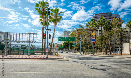 Morning in downtown Los Angeles, California. Empty streets and tall office buildings