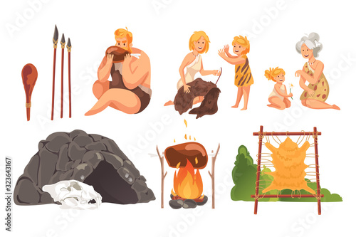Prehistoric people in stone age set concept. Ancient prehistoric young and adult cave people, doing daily routine, hunting prey, cooking. Life in stone age in cartoon style. Simple flat vector
