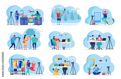 Bloggers video streaming online social media vector illustrations set. Various video blogger make review. Share content in internet. Popular people blog streaming online. Education and fashion.