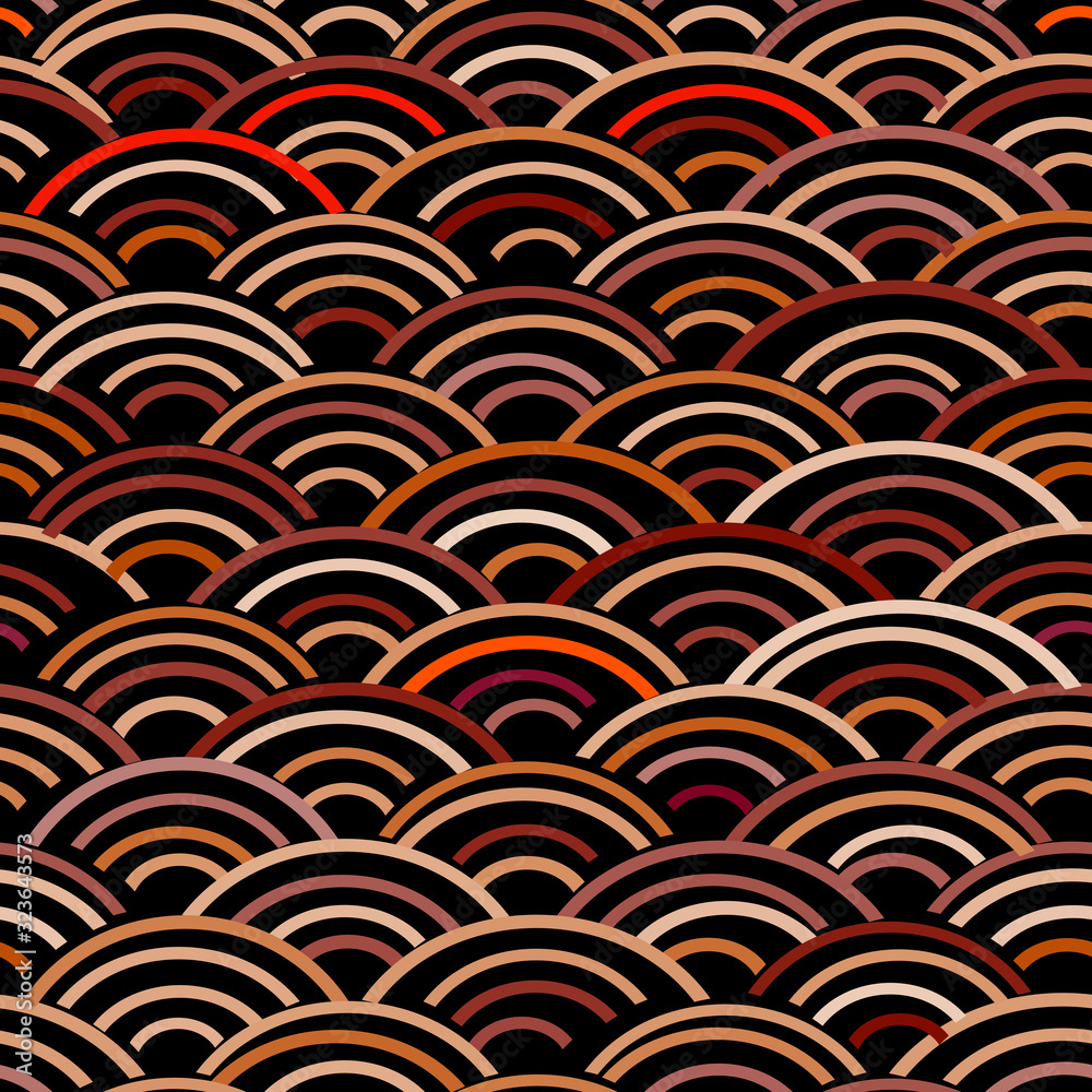 Seigaiha literally means wave of the sea. seamless pattern abstract scales simple Nature background japanese circle Black pink red maroon. Can be used for Gift wrap, fabrics, wallpapers. Vector