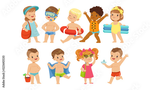 Cute Happy Kids Playing, Swimming and Having Fun at the Beach on Summer Vacation Vector Illustration
