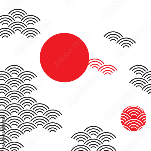 Seigaiha or seigainami literally means wave of the sea. card banner design for text abstract simple Nature background with japanese circle pattern White black red sky with clouds sun and moon. Vector