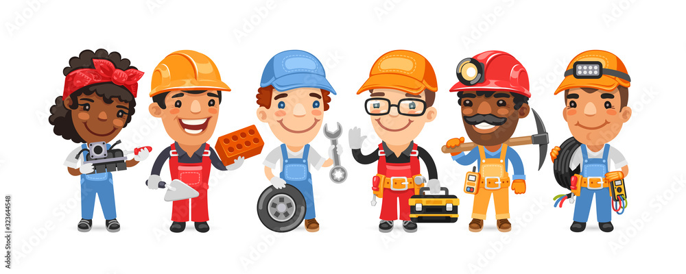 A group of cartoon worker characters with different professions stand on a white background. Mechanic, builder, tire fitting, locksmith, miner and cable man with tools. Flat style. A group of cartoon worker characters with different professions stand on a white background. Mechanic, builder, tire fitting, locksmith, miner and cable man with tools. Flat style.
