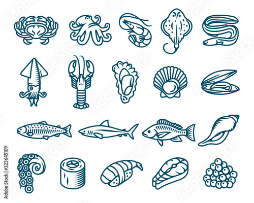 Set of seafood, fish and sea animals vector isolated icons