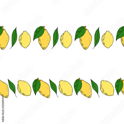 Hand drawn color lemons borders. Limes and leaves vector frames. Citrus fresh decor.