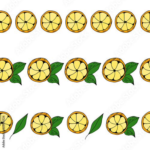 Repeat hand drawn color lemons borders. Limes and leaves vector frames. Citrus fresh decor.