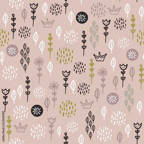 Fototapet Seamless pattern flowers leaves diadem abstract doodle scandinavian style white black pink background