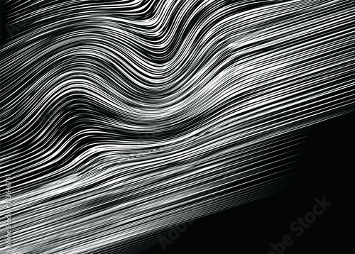 Black and white twisted and straight thin lines. Modern vector monochrome background.