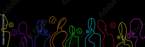 people talks concept, crowd of vivid colored people on the black background creative contemporary idea,