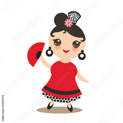 spanish Woman flamenco dancer. Kawaii cute face with pink cheeks and big eyes. Gipsy girl, red black white dress, polka dot fabric, fan, Isolated on white background greeting card design. Vector