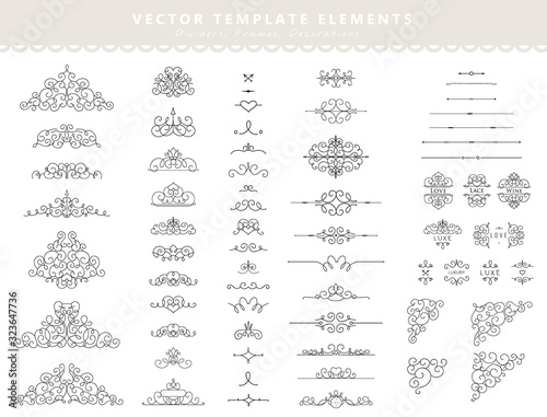 Set of decorative elements. Dividers, borders, ornaments and separators. Vector pattern templates.