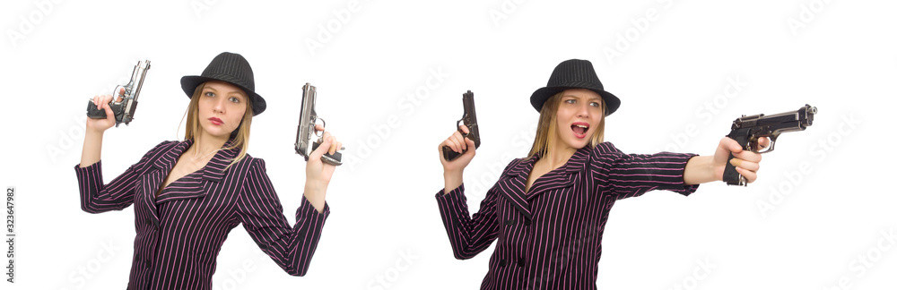 Gangster woman with gun isolated on white Gangster woman with gun isolated on white