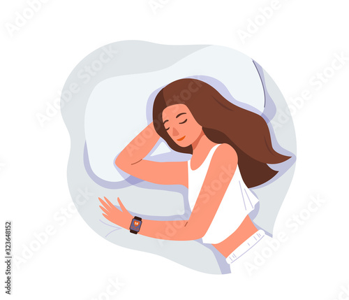 Sleep control concept vector background isolated on white. Young woman sleeping at home on bed with smart watch on her hand. View from above, close-up