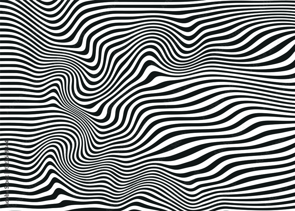 Black and white abstract waves from swirling lines in a modern style. For covers, business cards, banners, prints on clothes, wall decorations, posters, canvases, sites. video clips. Vector backgroun