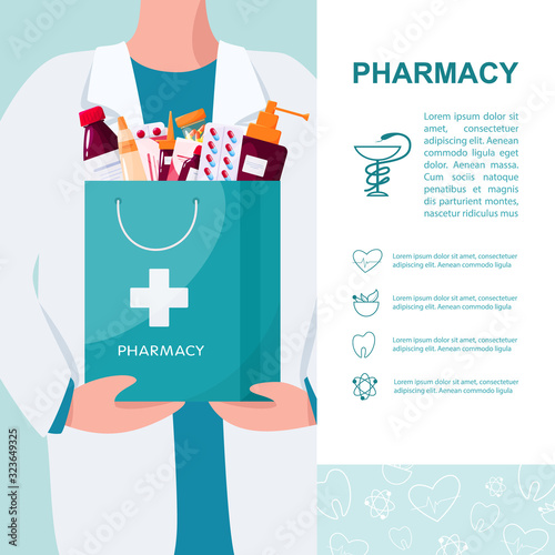 Pharmacy web banner or advert brochure. Medicine pill for disease