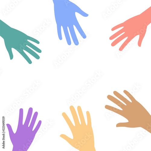 A set of hands symbolizing a team or teamwork flat color icon for business, inclusion concept, different nationality isolated