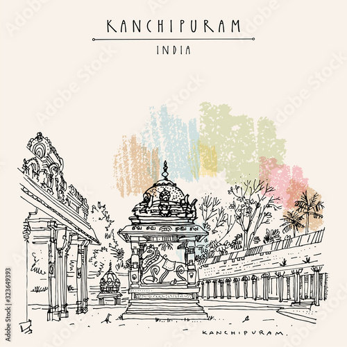 Kanchipuram, Tamil Nadu, India. Ekambeshwarar (Ekambaranatha) Temple.  Travel sketch drawing. Vintage hand drawn touristic postcard