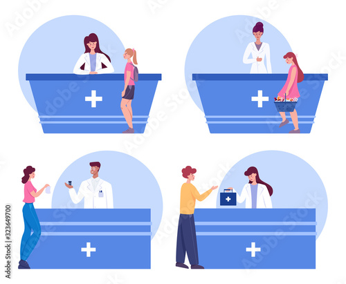 Modern pharmacy interior with visitors. Client order and buy medicaments