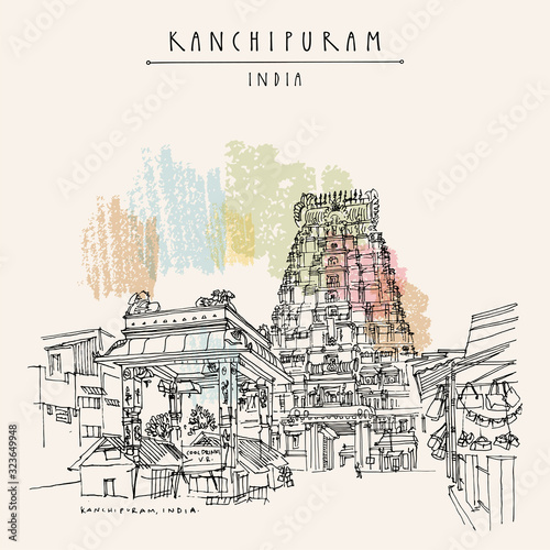 Kanchipuram (Kanchi), Tamil Nadu, South India. Market at Ekambeshwarar (Ekambaranatha) Temple. Hindu religion sacred place. Travel sketch drawing. Vintage hand drawn touristic postcard
