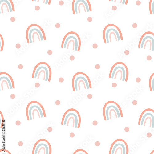 Simple seamless pattern with cartoon rainbows, decor elements. colorful design for kids. hand draw illustration, flat style. Concept - baby design for fabric, print, textile, wrapper.