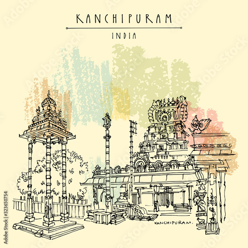 Kanchipuram (Kanchi), Tamil Nadu, South India. Varadaraja Perumal Temple. Hindu religion sacred place. Travel sketch drawing. Vintage hand drawn touristic postcard