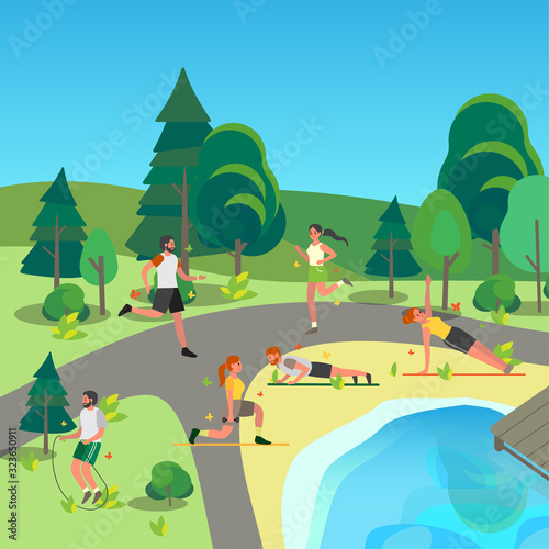People in the public park. Jogging and doing sport exercise
