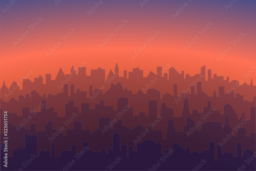 Cityscape with sunrise or sunset background. Horizontal morning or evening landscape of modern city. Vector abstract illustration silhouettes of city buildings