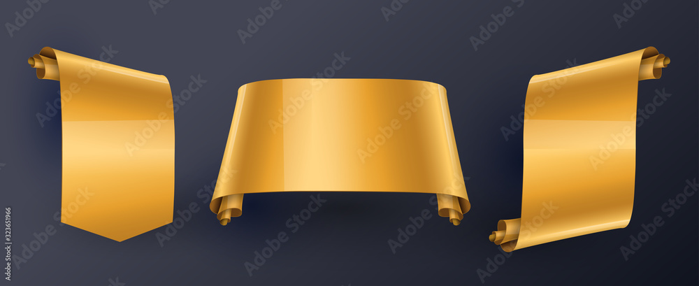 Realistic golden glossy banner. Set of scrolls of curled paper. The edges are curled on one or two sides. Gold label or design element in old style. Vector illustration On a dark background.