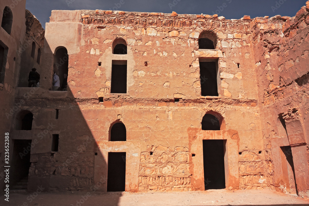 View of the archaeological ruins of the Qasr al-Kharana castle in Jordan.