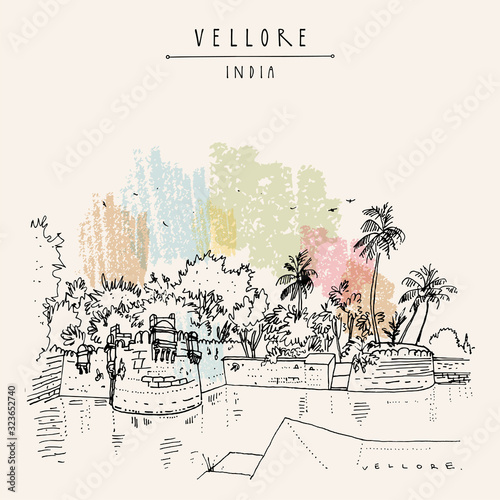 Vellore, Tamil Nadu, South India. Travel sketch drawing. Vintage hand drawn postcard