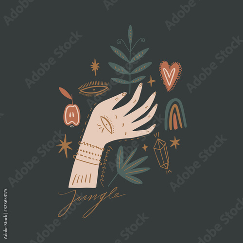 Magical ornate hand. Planet week art, Earth day. Save nature, green life concept. Vector Illustration. Clipart