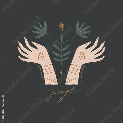 Magical ornate hands. Planet week art, Earth day. Save nature, green life concept. Vector Illustration. Clipart