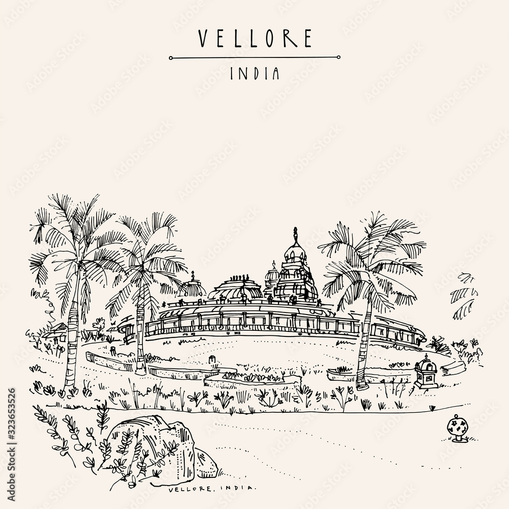 Vellore, Tamil Nadu, South India. Golden Temple Vellore complex inside the Sripuram spiritual park. Travel sketch drawing. Vintage hand drawn postcard