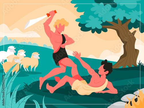 The first murder scene. Cain kills Abel. Christian bible character.