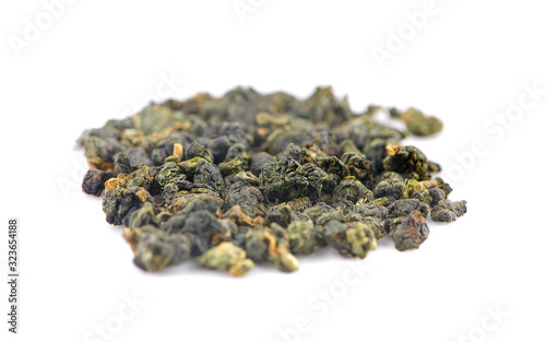 Dry oolong tea leaves isolated on white background