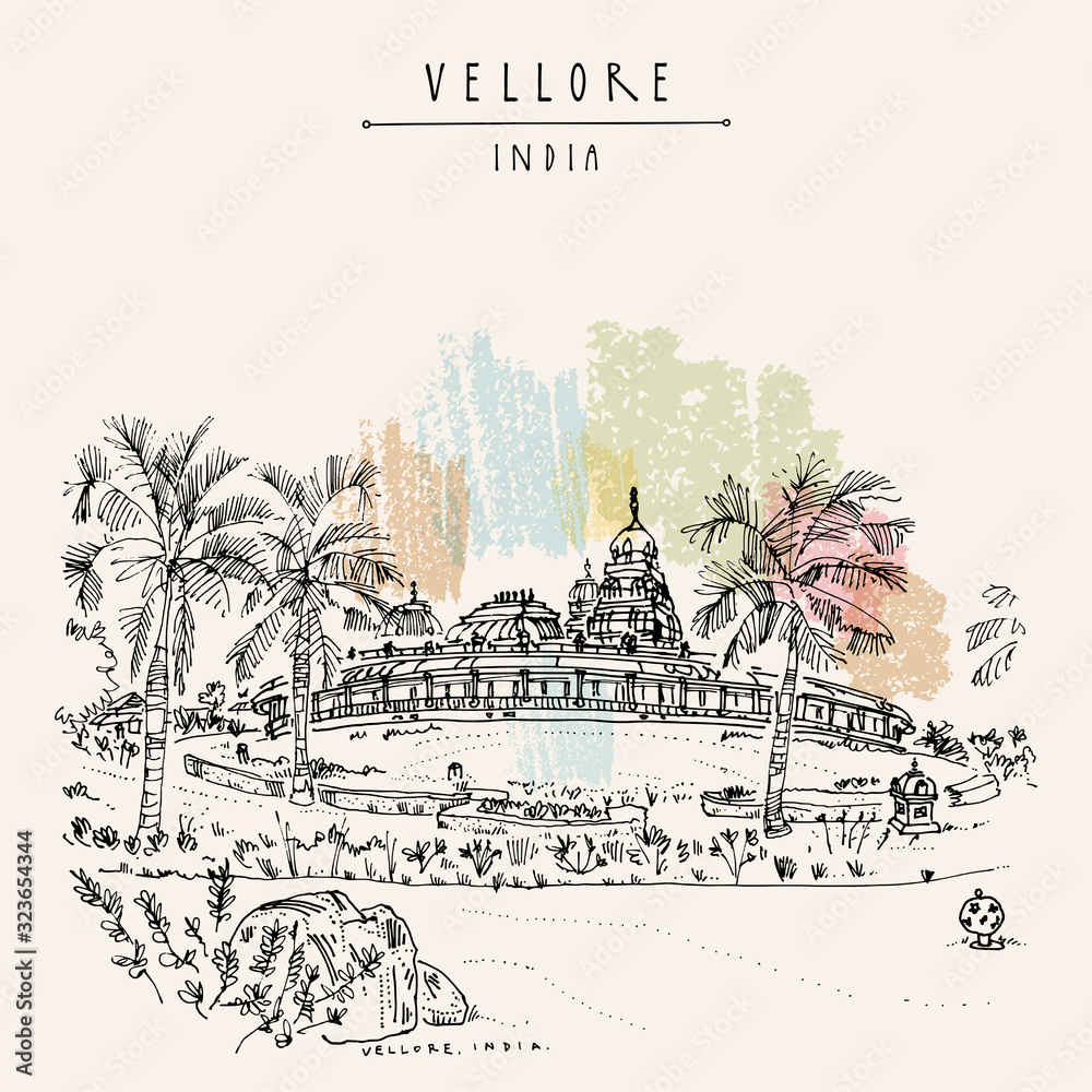 Vellore, Tamil Nadu, South India. Golden Temple Vellore complex inside the Sripuram spiritual park. Travel sketch drawing. Vintage hand drawn postcard