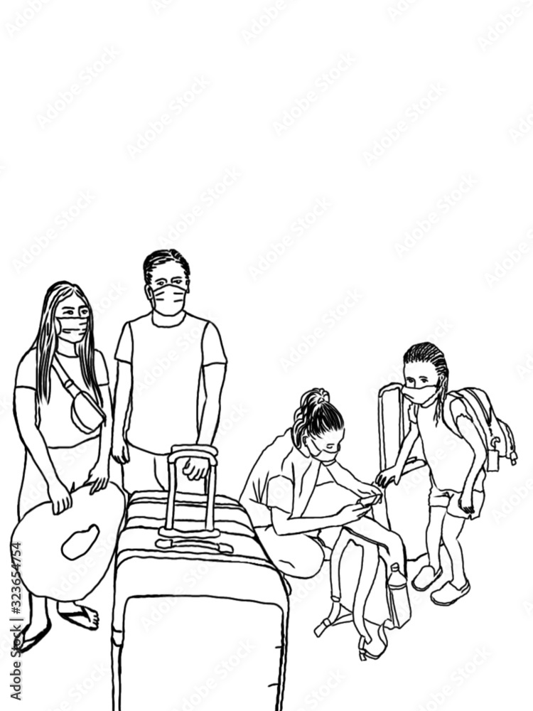 Obraz Masked people, protection against virus. People travelers at the airport. Mother and daughter, a guy and a girl in masks on his face, contour drawing. Travel,