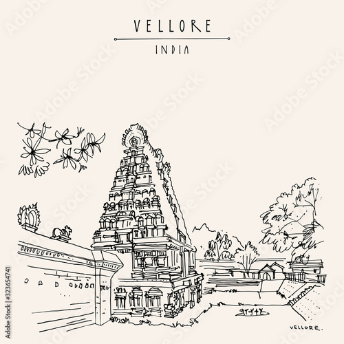 Vellore, Tamil Nadu, South India. Ancient Jalagandeswarar Hindu temple in Vellore fort. Entrance gopuram (tower) Travel sketch drawing. Vintage hand drawn postcard