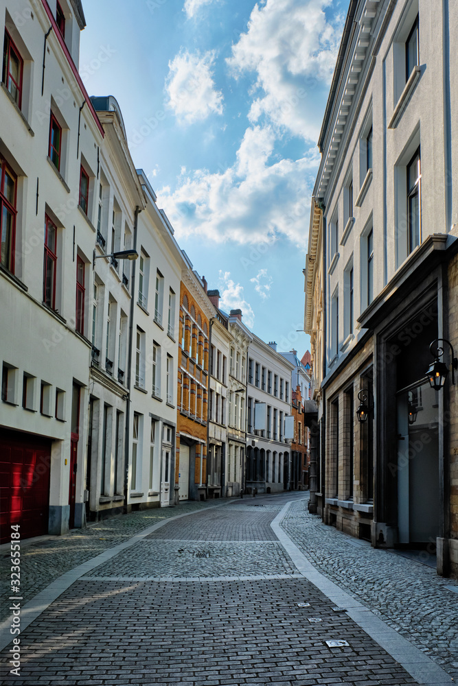 Antwerp street with row of houses at the old European city port, Belgium