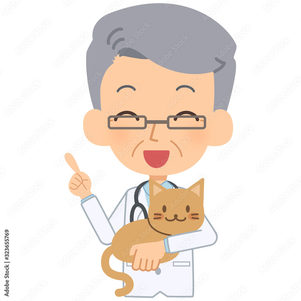 説明をする笑顔の獣医と猫