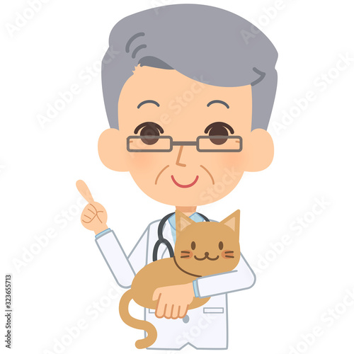 説明をする獣医と猫